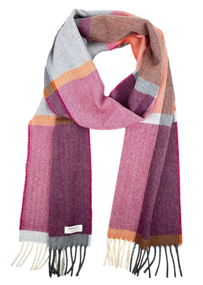 McNutt of Donegal Beetroot & Smoke Check Lambswool Scarf | Irish Merino Wool