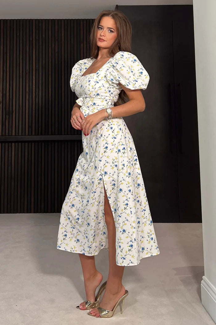 Meara Square Neck Midi Dress (Blue Floral)