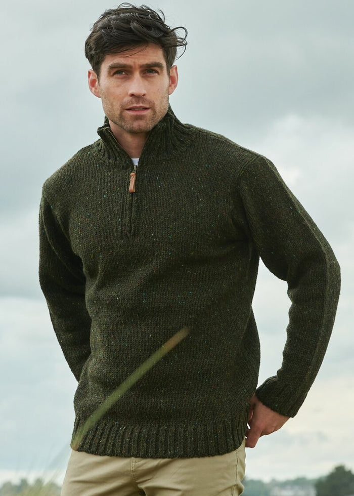 Donegal Wool Mens Half Zip Green Sweater