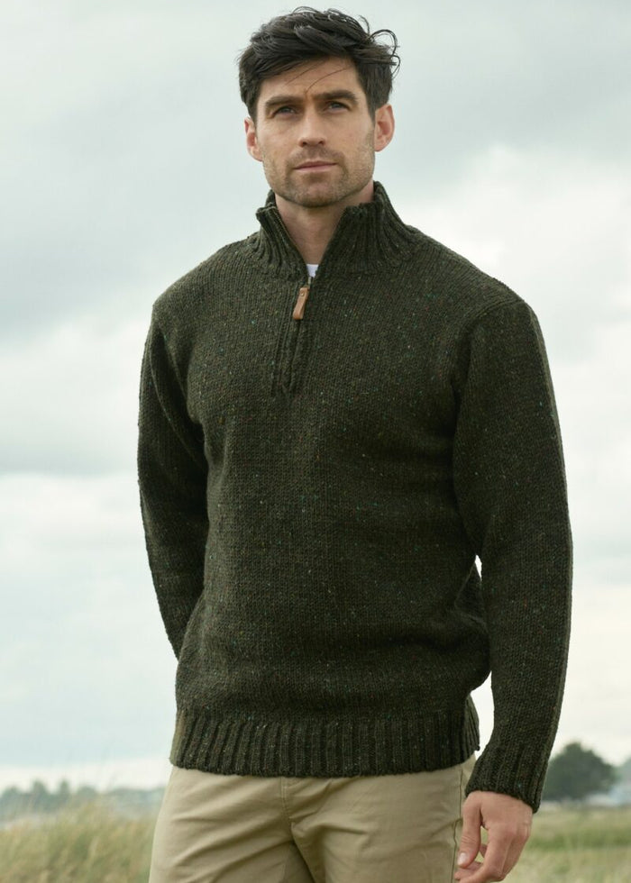 Donegal Wool Mens Half Zip Green Sweater