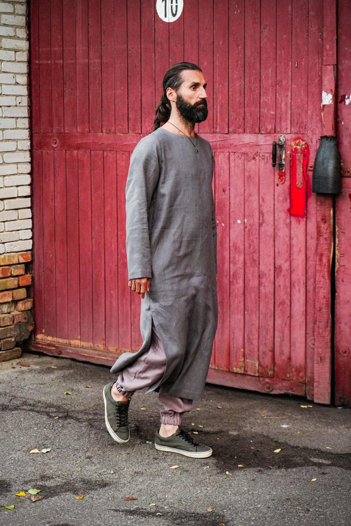 Men’s Long Linen T-Shirt, Kaftan LOTAN in Dark grey