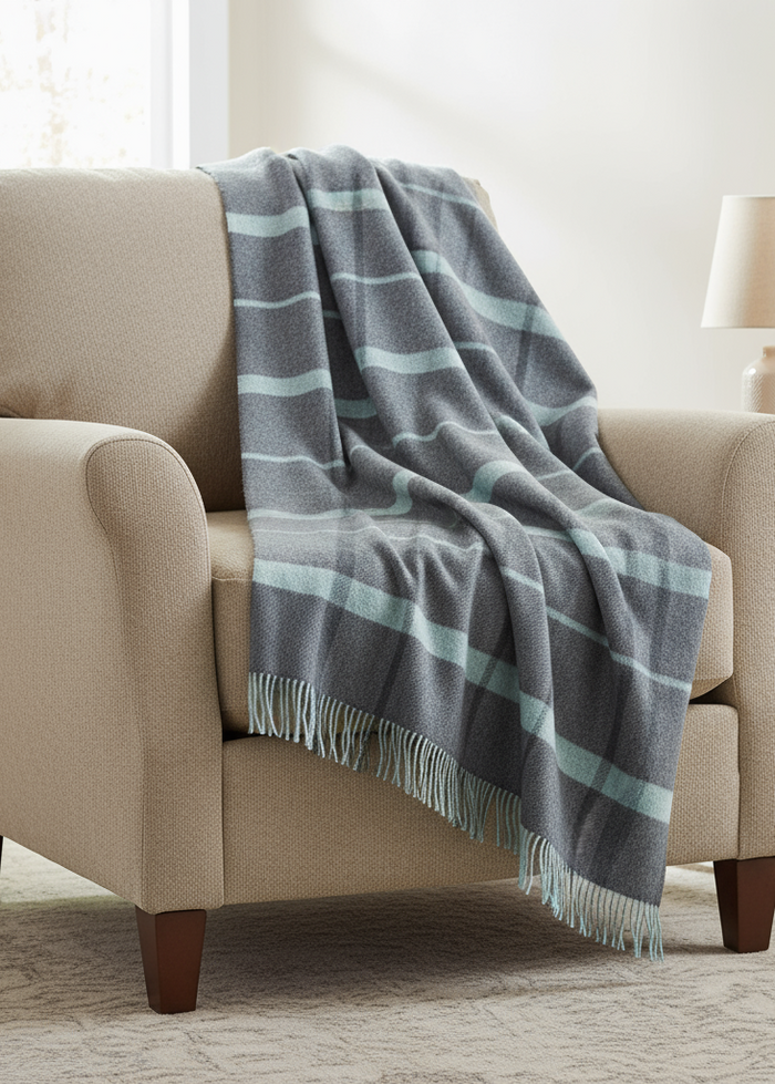 Merino Lambswool Blanket Grey & Duck Egg Check