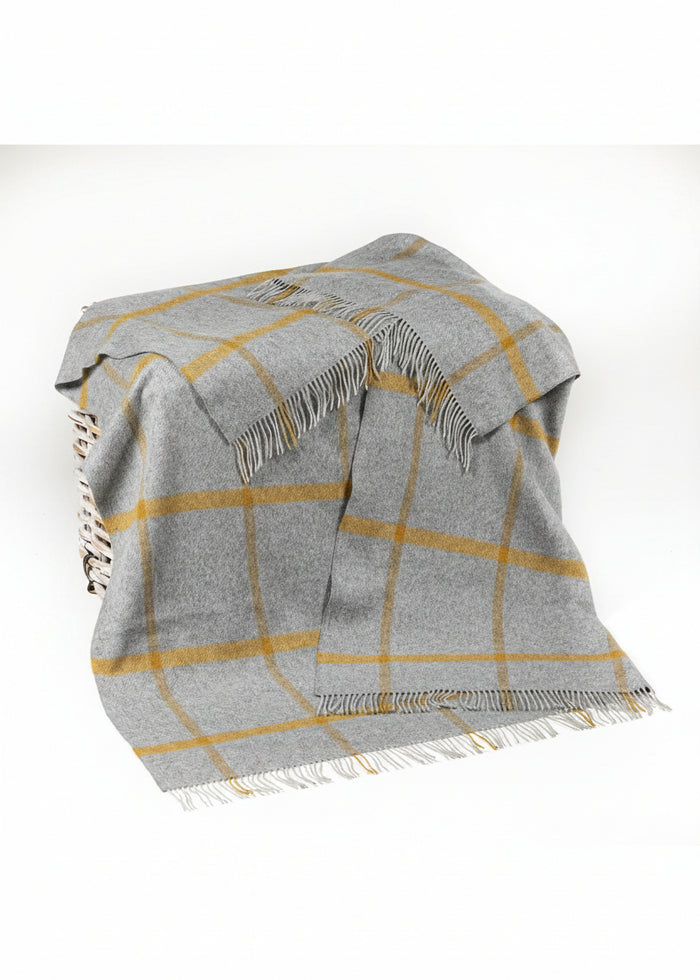 Merino Lambswool Blanket Grey Mustard Check