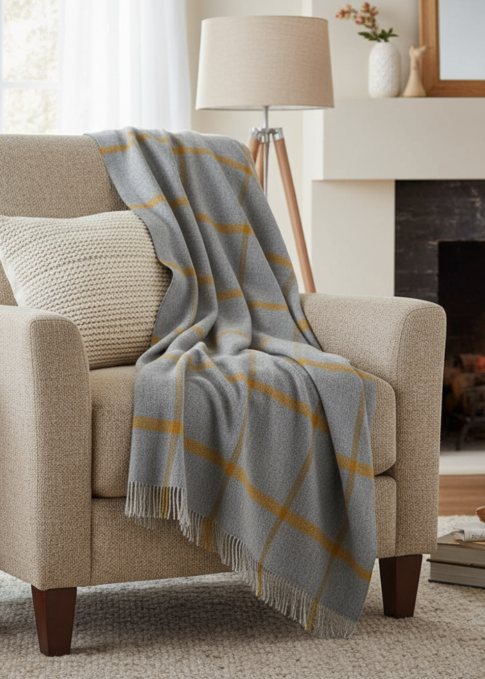 Merino Lambswool Blanket Grey Mustard Check