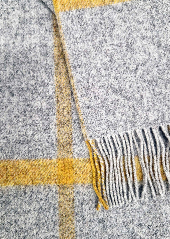 Merino Lambswool Blanket Grey Mustard Check