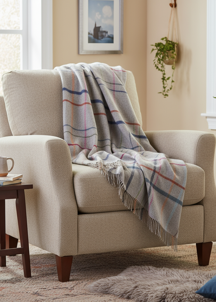 Merino Lambswool Blanket Grey with Multi Colour Window Pane