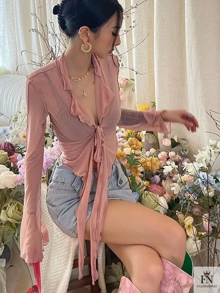 Mesh Front Knot Ruffle Top - Fashionnsio