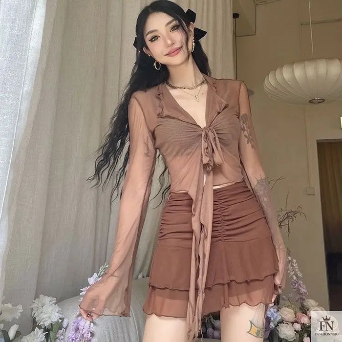 Mesh Front Knot Ruffle Top - Fashionnsio