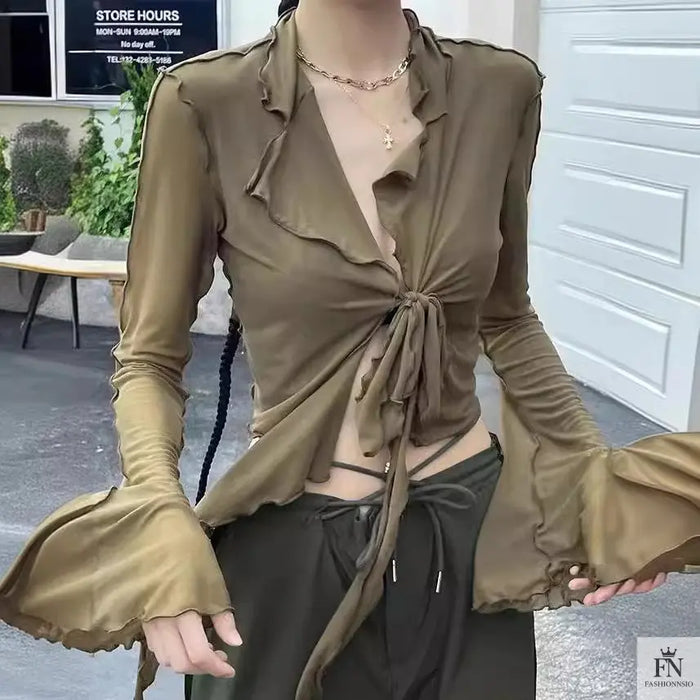 Mesh Front Knot Ruffle Top - Fashionnsio