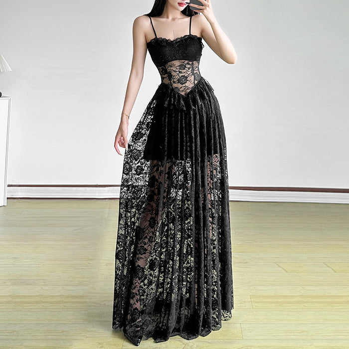 Mesh Lace Ruffle Maxi Dress - Fashionnsio