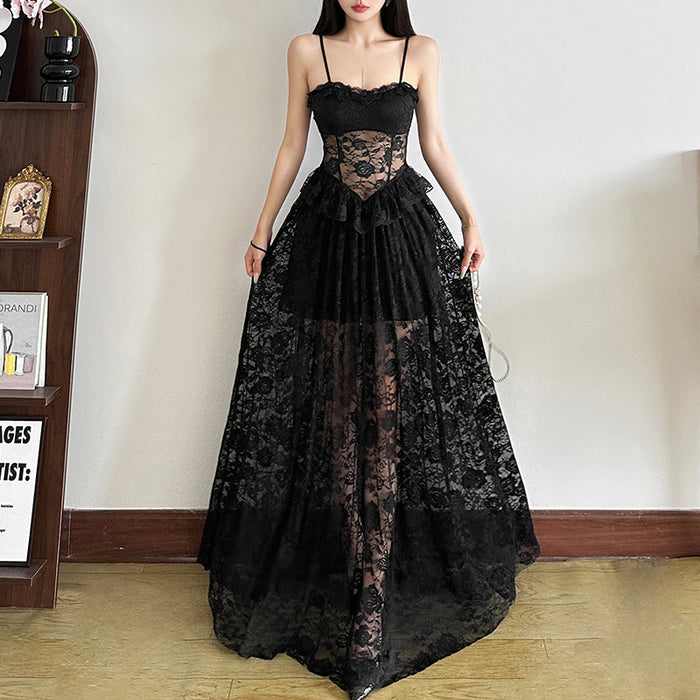 Mesh Lace Ruffle Maxi Dress - Fashionnsio