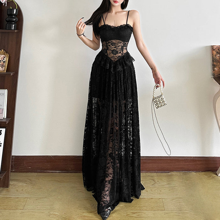 Mesh Lace Ruffle Maxi Dress - Fashionnsio