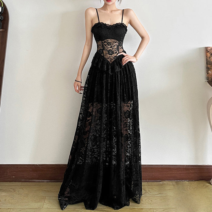 Mesh Lace Ruffle Maxi Dress - Fashionnsio