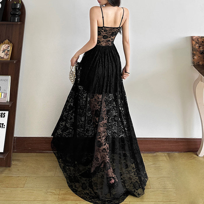 Mesh Lace Ruffle Maxi Dress - Fashionnsio