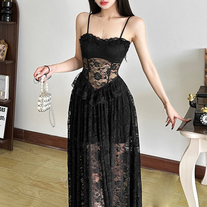 Mesh Lace Ruffle Maxi Dress - Fashionnsio