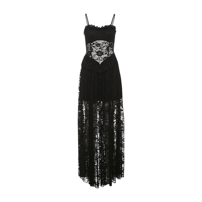 Mesh Lace Ruffle Maxi Dress - Fashionnsio