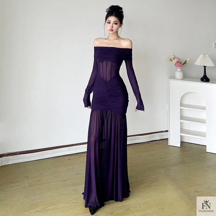Mesh Off Shoulder Long Dress - Fashionnsio
