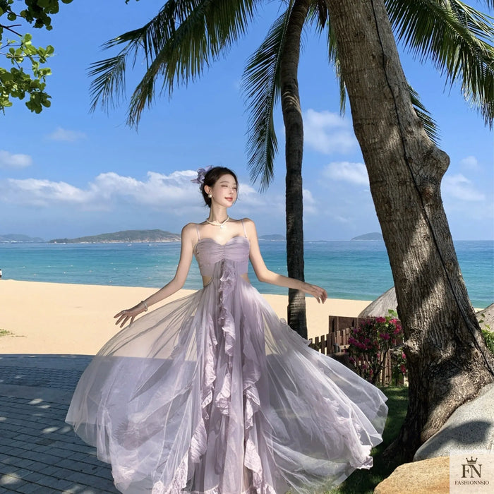 Mesh Ruffle Flared Maxi Dress - Fashionnsio