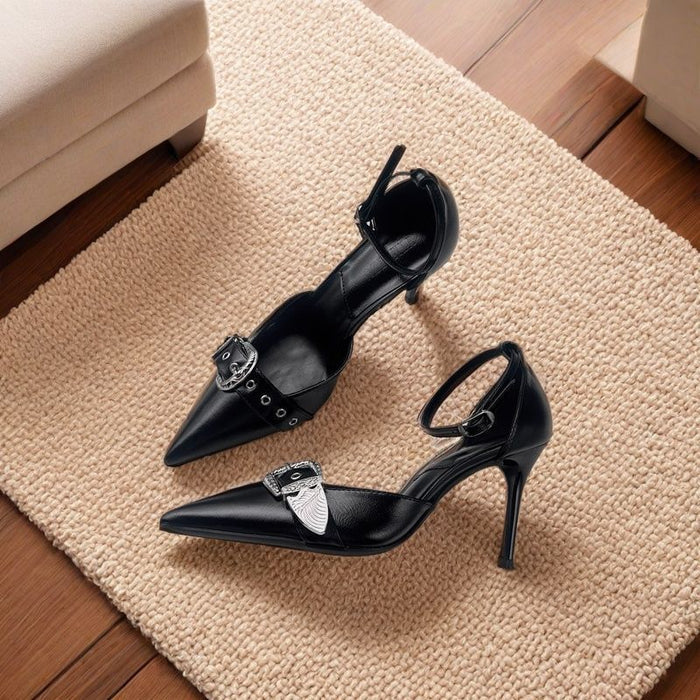 Metal Buckle Pointed Heels - Fashionnsio