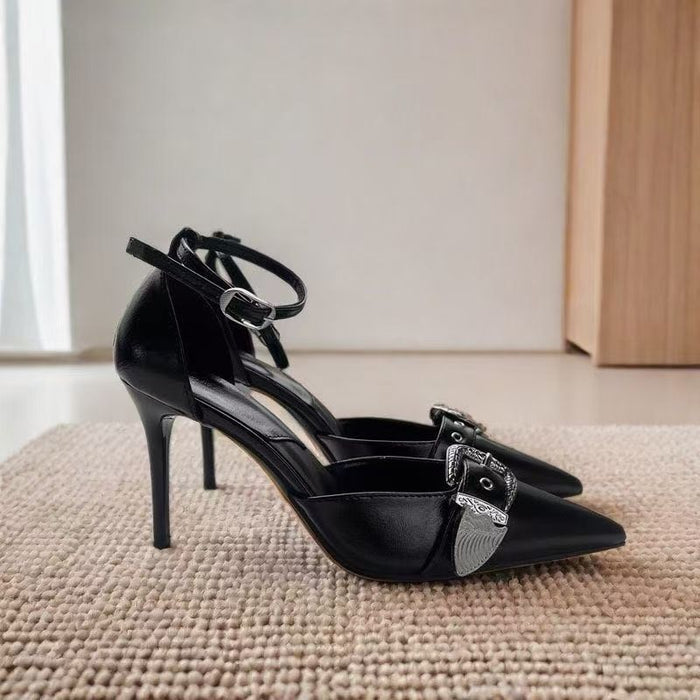 Metal Buckle Pointed Heels - Fashionnsio