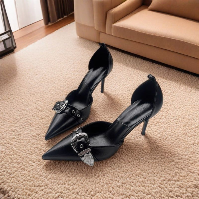 Metal Buckle Pointed Heels - Fashionnsio