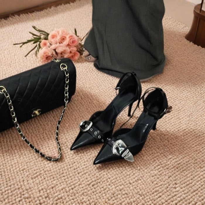 Metal Buckle Pointed Heels - Fashionnsio