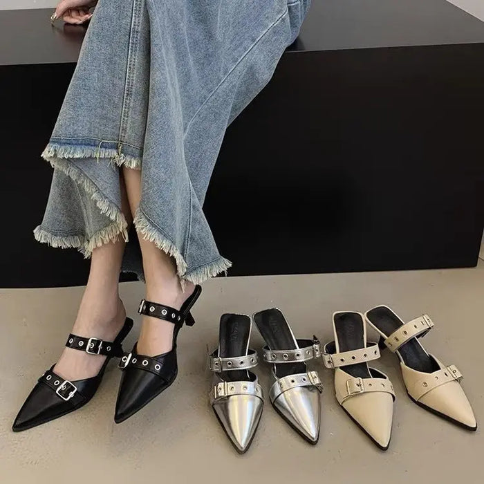 Metal Buckle Mules Heels fashionnsio