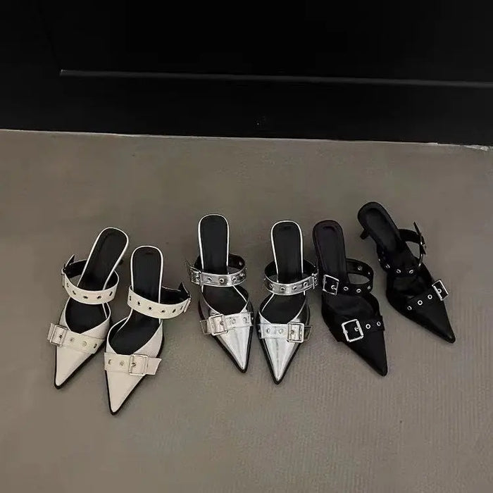 Metal Buckle Mules Heels fashionnsio