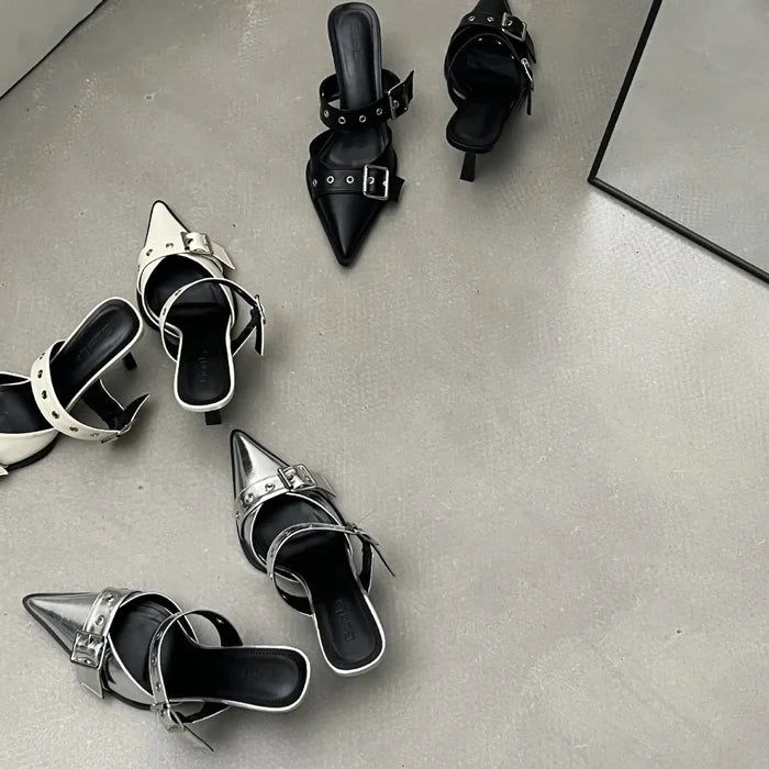 Metal Buckle Mules Heels fashionnsio