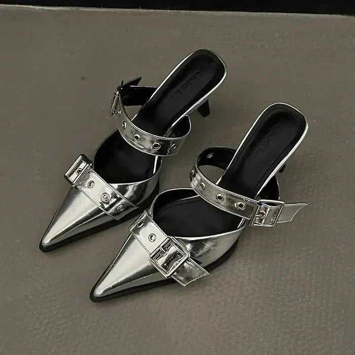 Metal Buckle Mules Heels fashionnsio