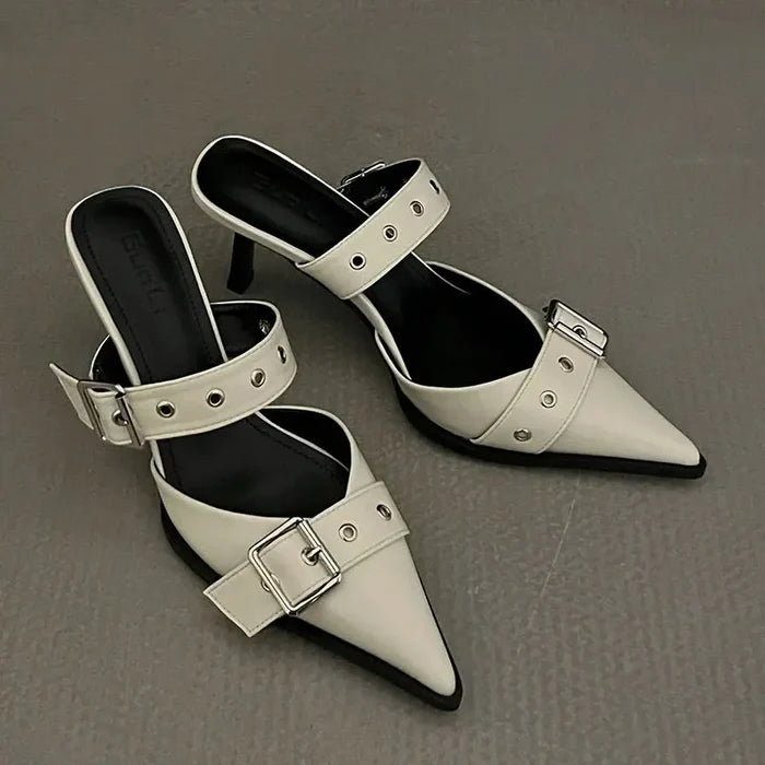 Metal Buckle Mules Heels fashionnsio