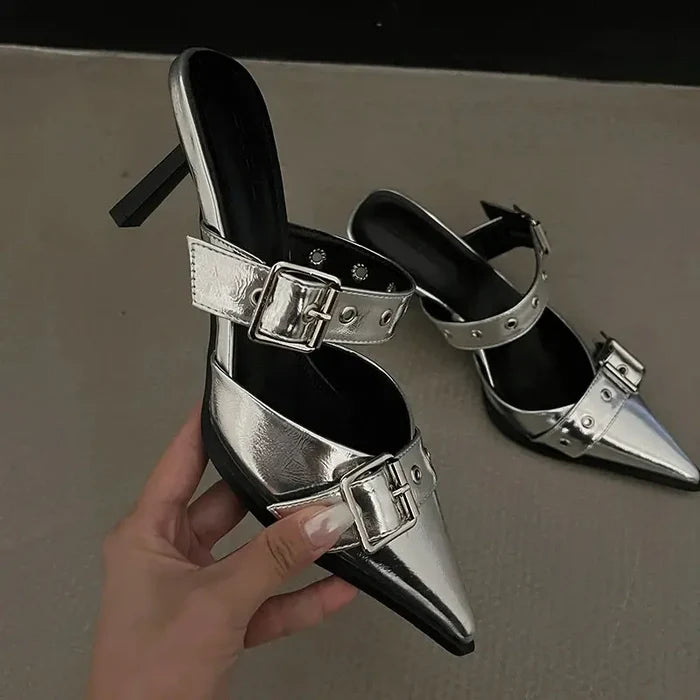 Metal Buckle Mules Heels fashionnsio