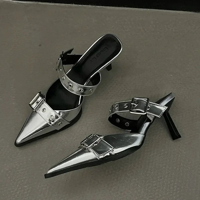 Metal Buckle Mules Heels fashionnsio