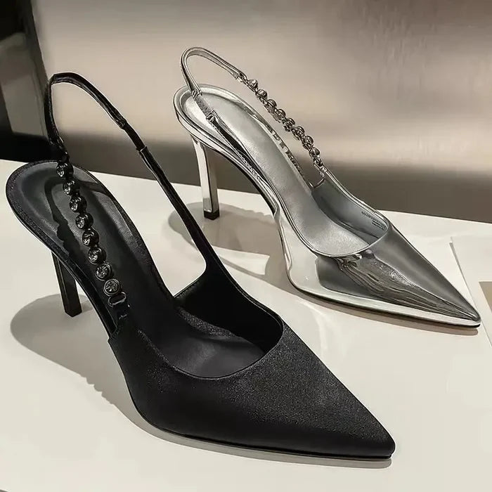 Shiny Metallic Crystal Pointed Toe Heels fashionnsio