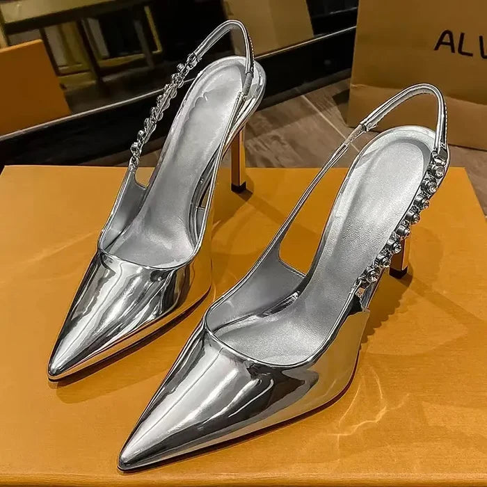 Shiny Metallic Crystal Pointed Toe Heels fashionnsio