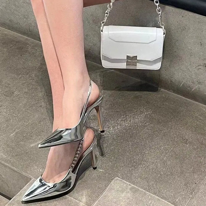 Shiny Metallic Crystal Pointed Toe Heels fashionnsio