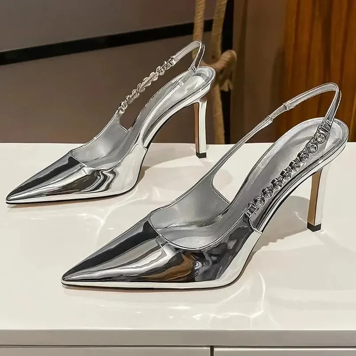 Shiny Metallic Crystal Pointed Toe Heels fashionnsio