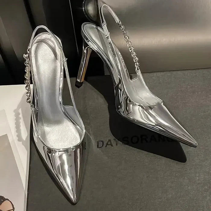 Shiny Metallic Crystal Pointed Toe Heels fashionnsio
