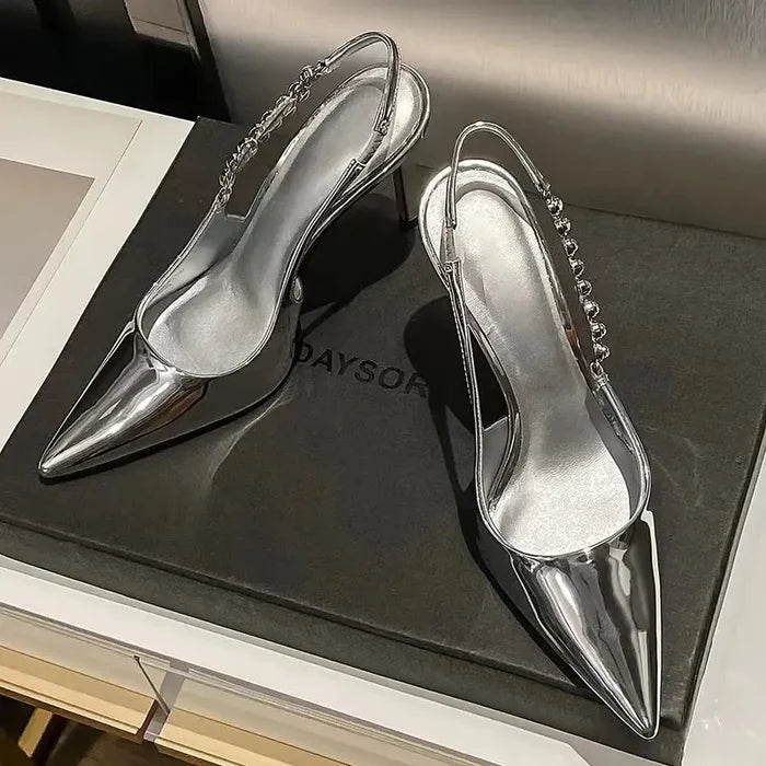 Shiny Metallic Crystal Pointed Toe Heels fashionnsio