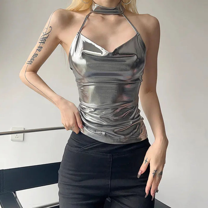 Metallic Shiny Halter Top fashionnsio