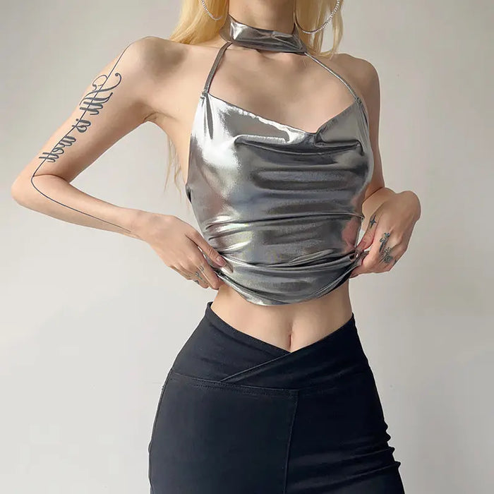 Metallic Shiny Halter Top fashionnsio