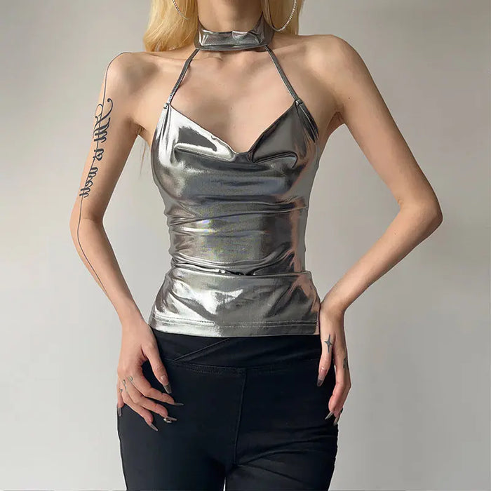 Metallic Shiny Halter Top fashionnsio