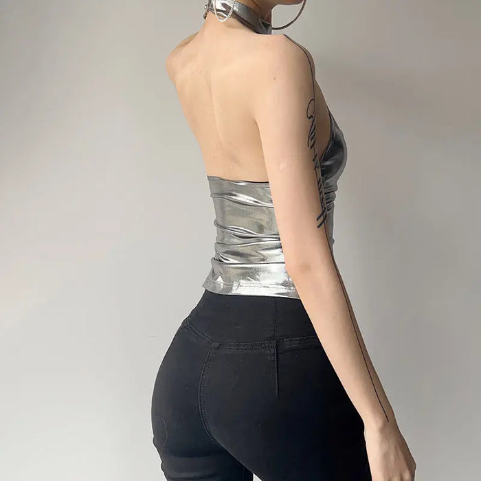 Metallic Shiny Halter Top fashionnsio