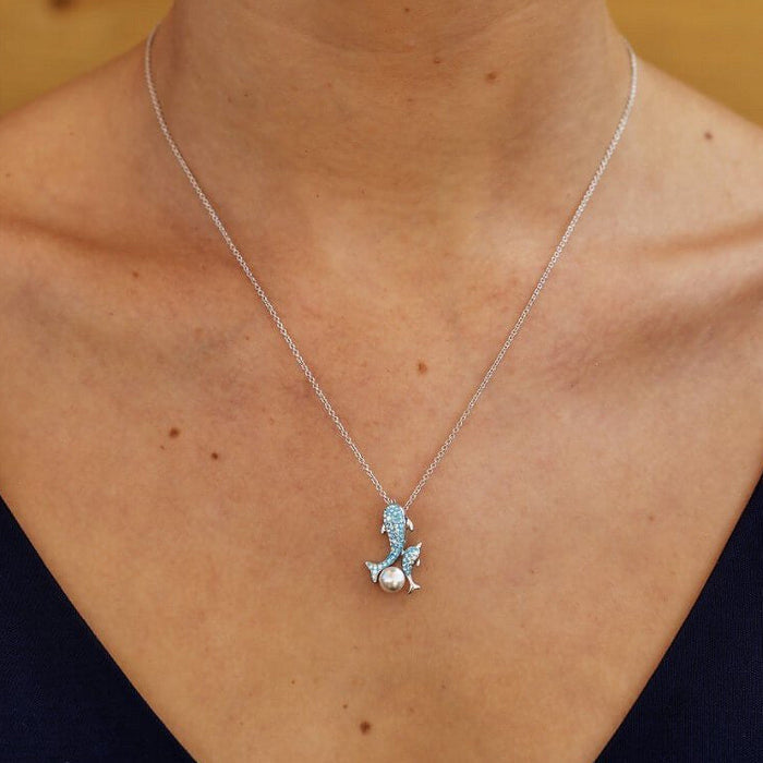 Mother Baby Dolphin Pearl Necklace With Swarovski Crystals