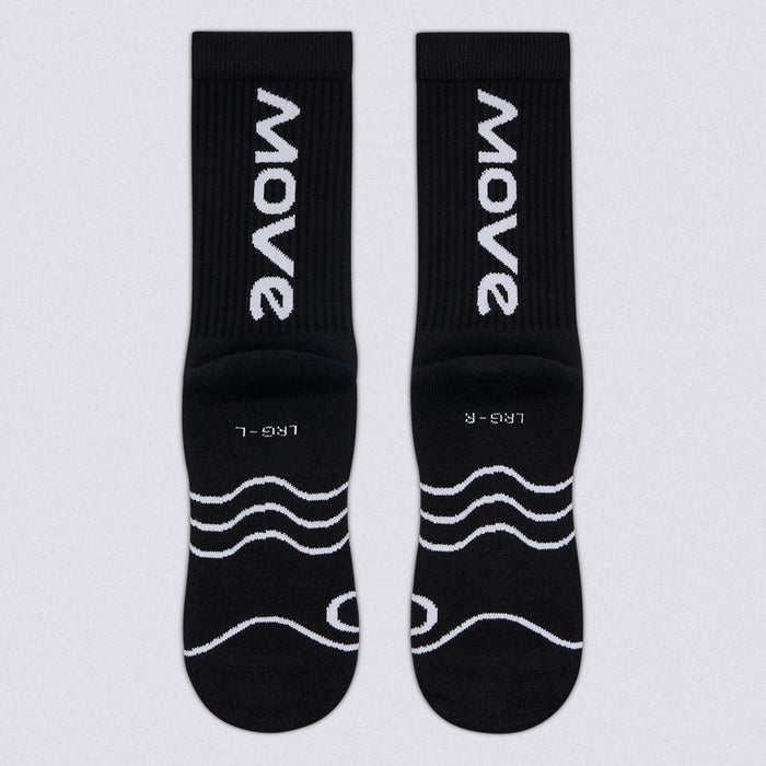 A pair of black crew socks with white printed branding and wave graphics, displayed flat against a light gray background.