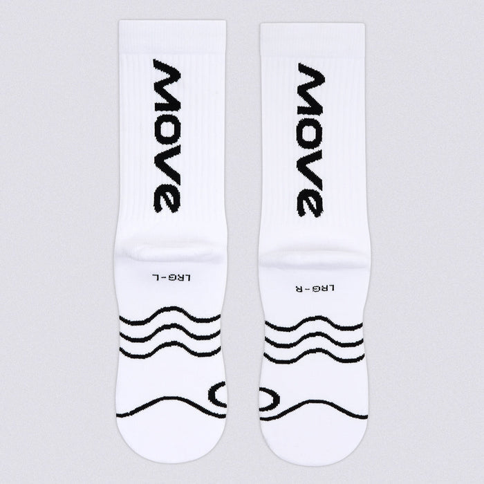 A pair of white crew socks with black printed text and wave graphics, displayed side-by-side on a light gray background.