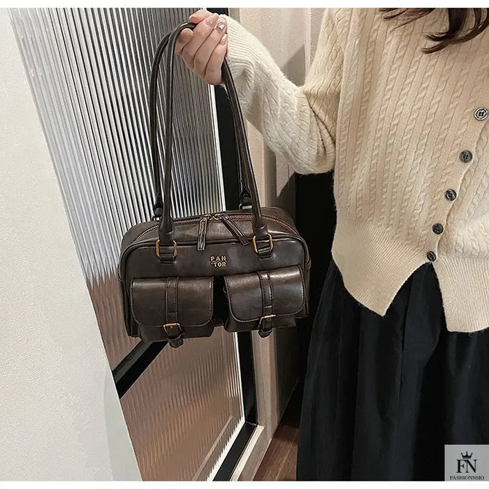 Multi Pocket Glossy Vintage Shoulder Bags - Fashionnsio