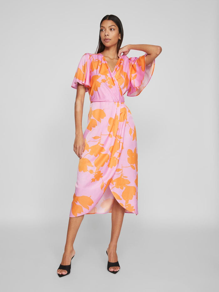 Nakita V-Neck Wrap Midi Dress Lilac/Orange