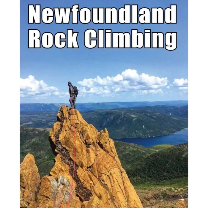 Newfoundland Rock Clmbing Guidebook cover. Man roped onto large rock face