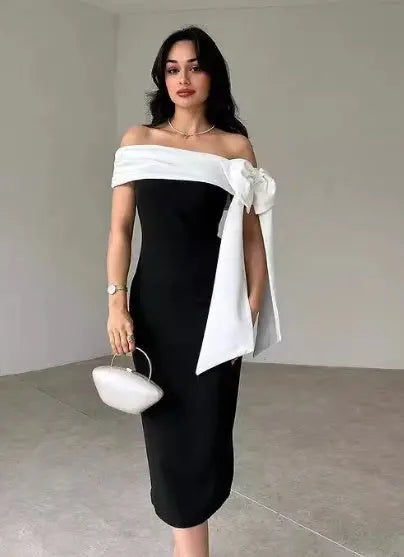 Off Shoulder Bow Bodycon Dress fashionnsio